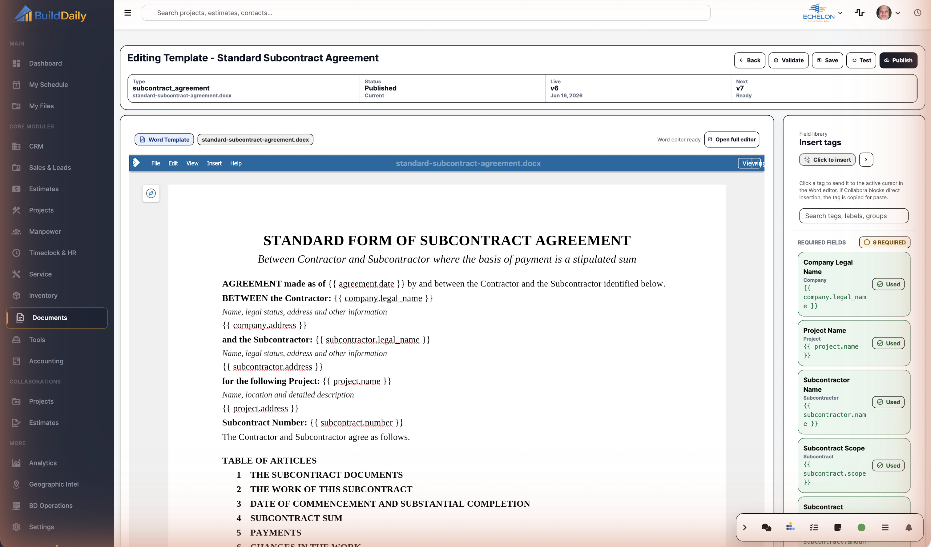 Document template builder controls