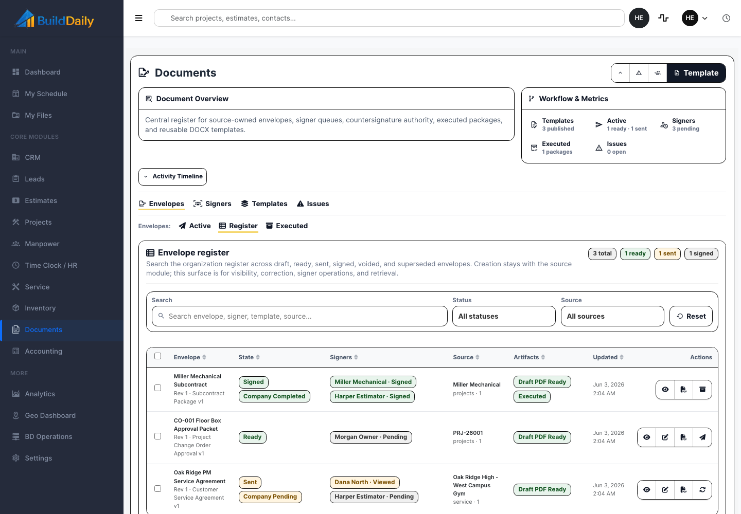 BuildDaily documents and agreement workflow