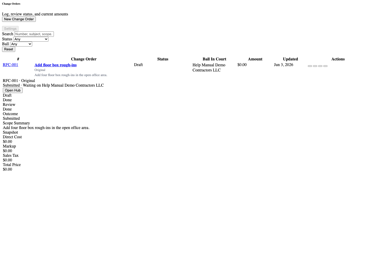 Project change order list