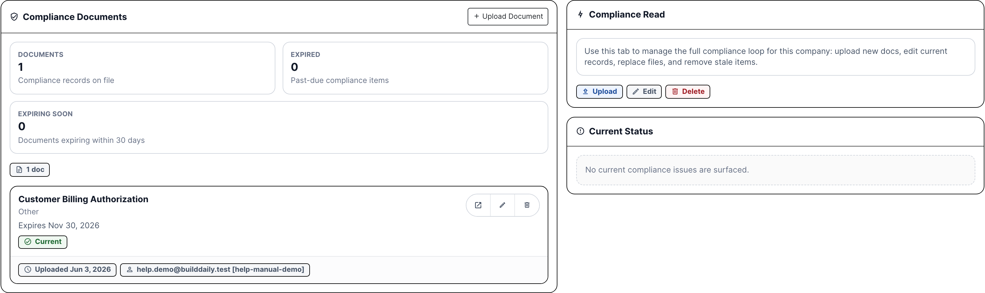 CRM compliance tab with expiring and expired documents