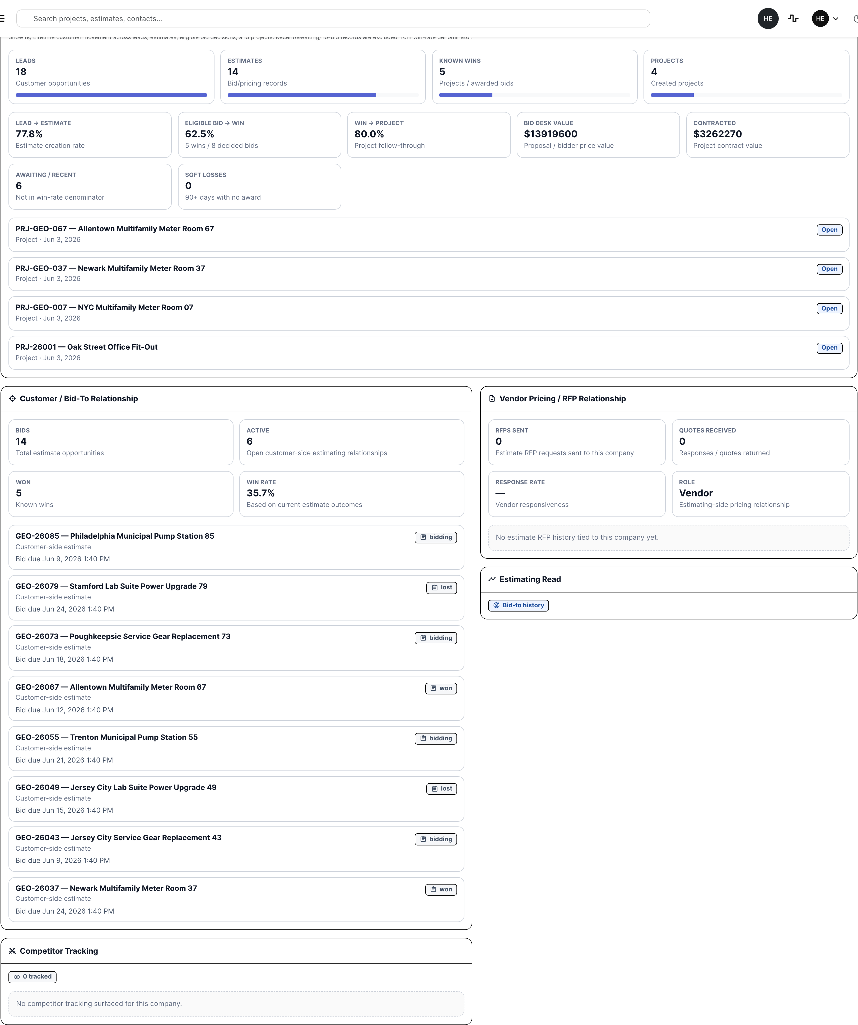 CRM estimating tab with customer and vendor relationship context