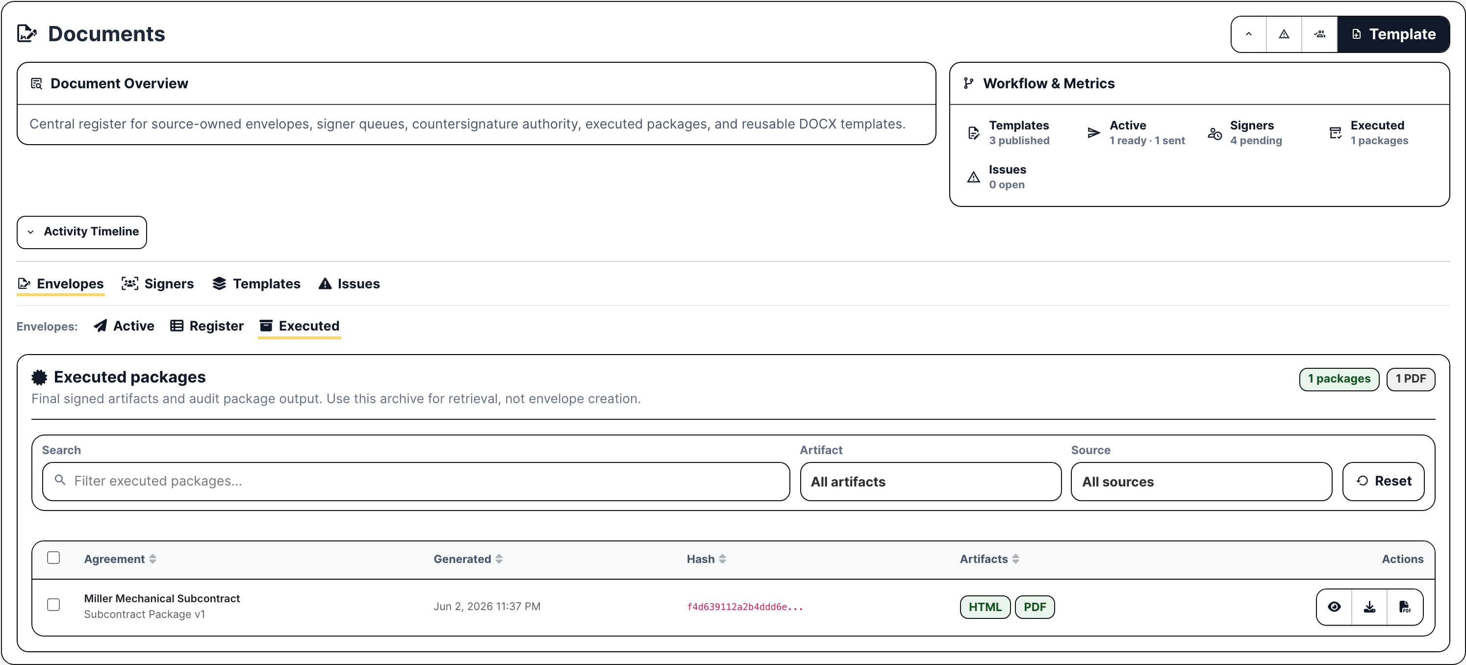 Documents executed package archive with PDF and HTML artifacts