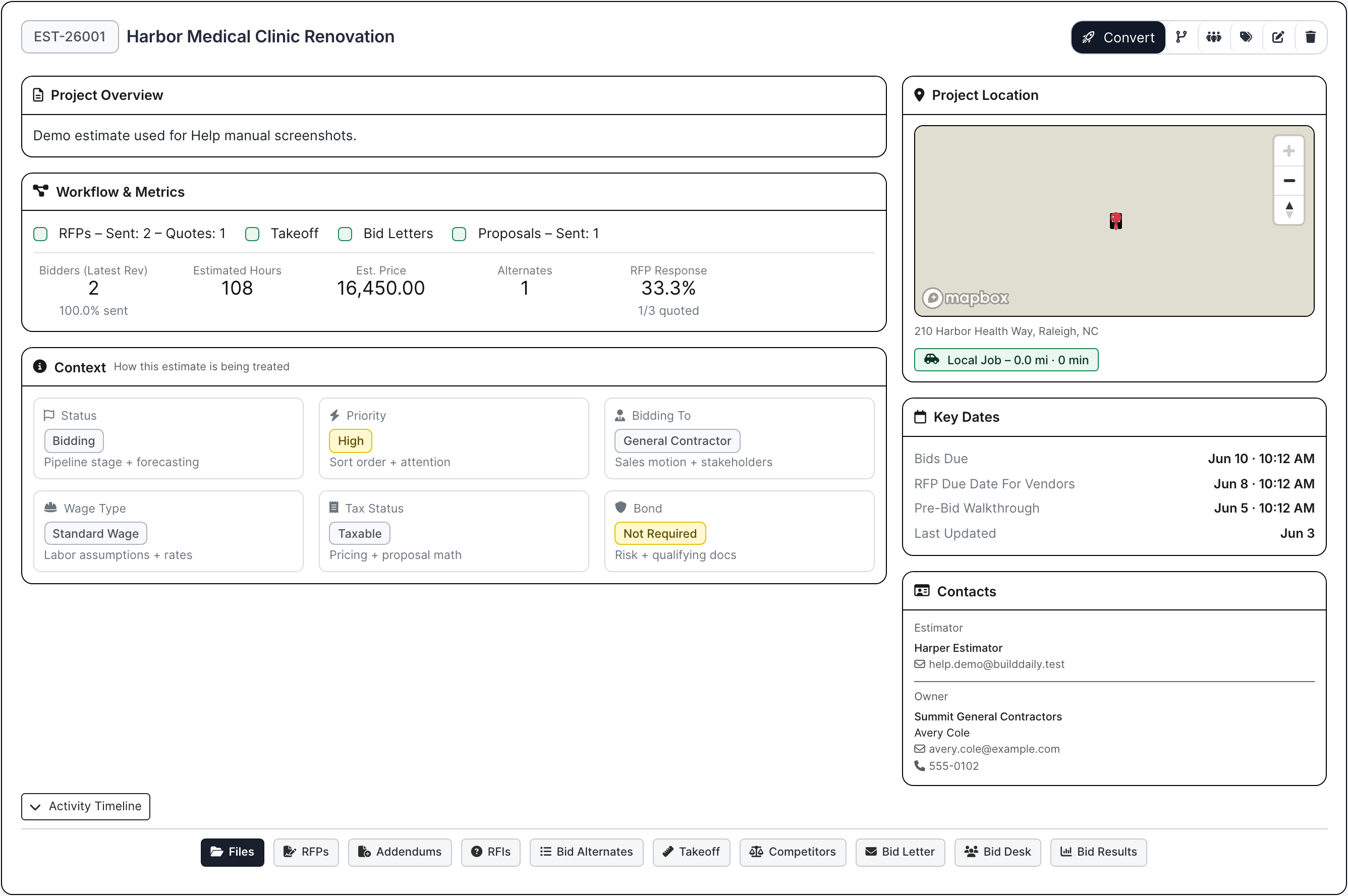 BuildDaily estimate work page with RFP files and bid context