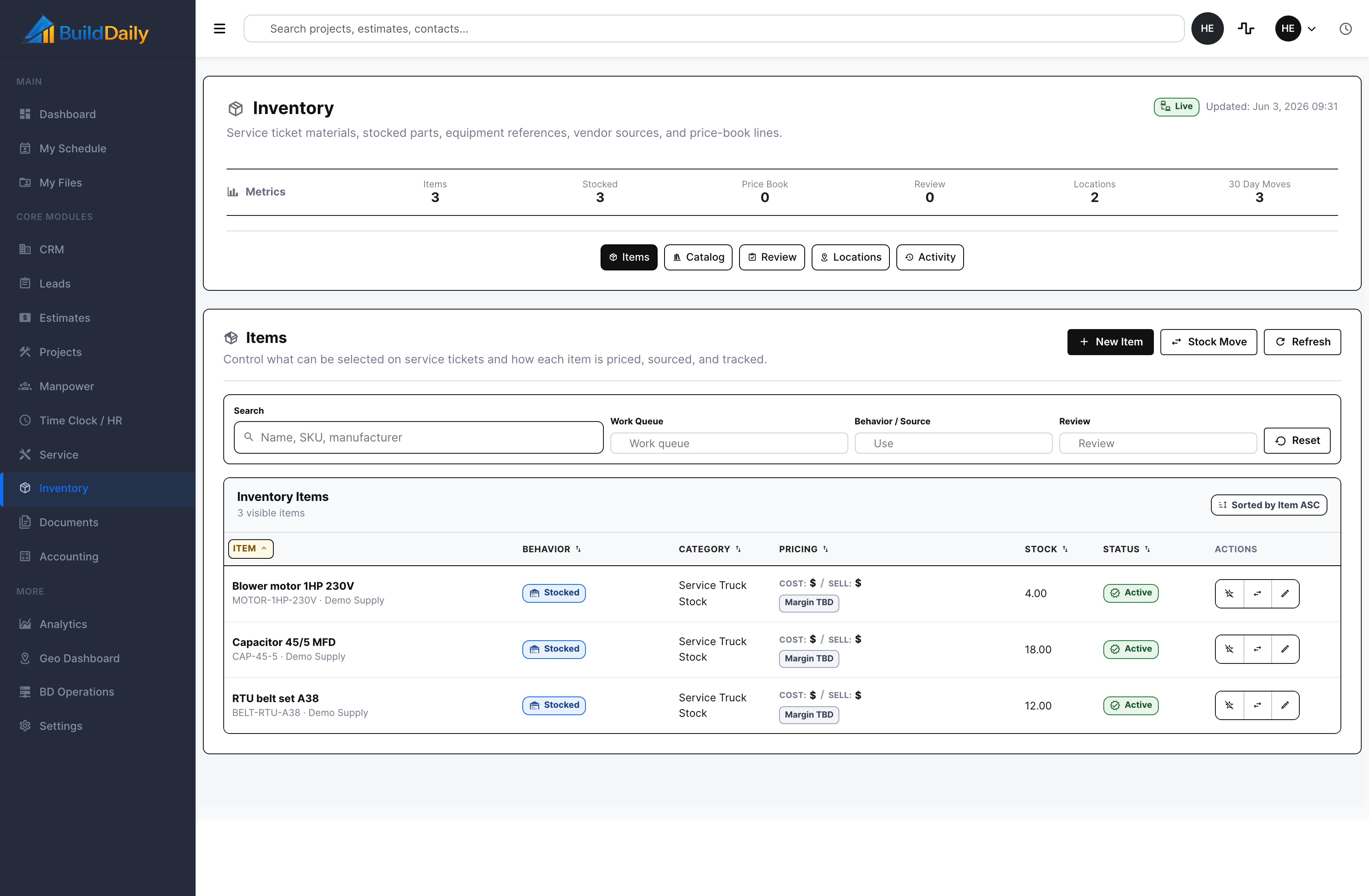 Inventory item dashboard