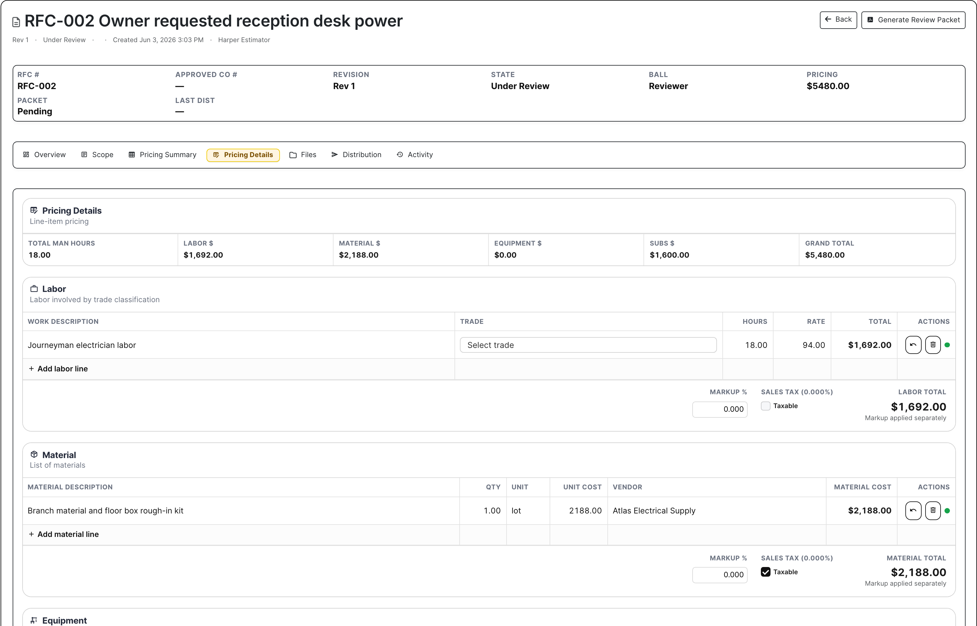 Change order pricing workbench