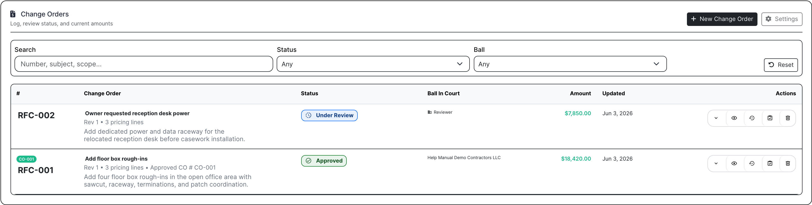 Project change order log with approved and review items