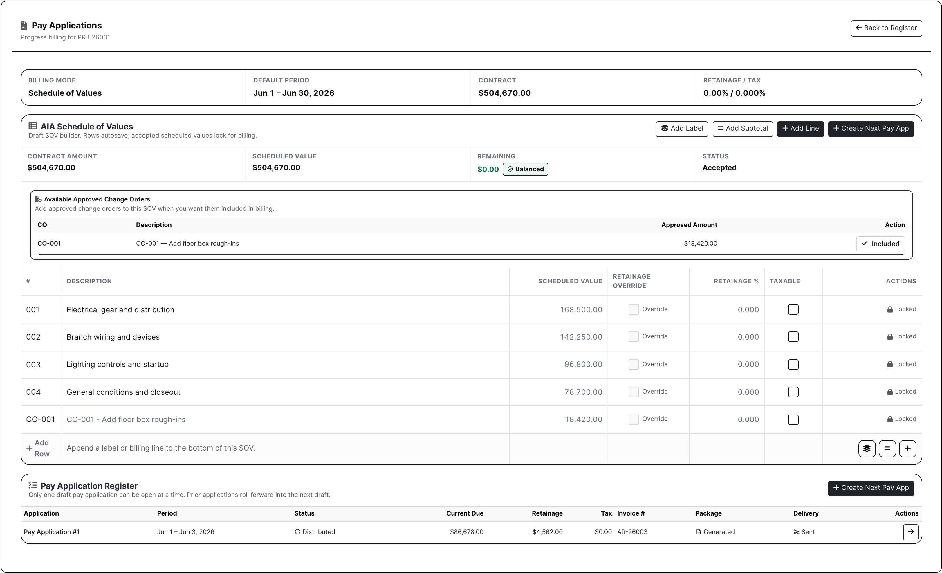 Project SOV and pay application register