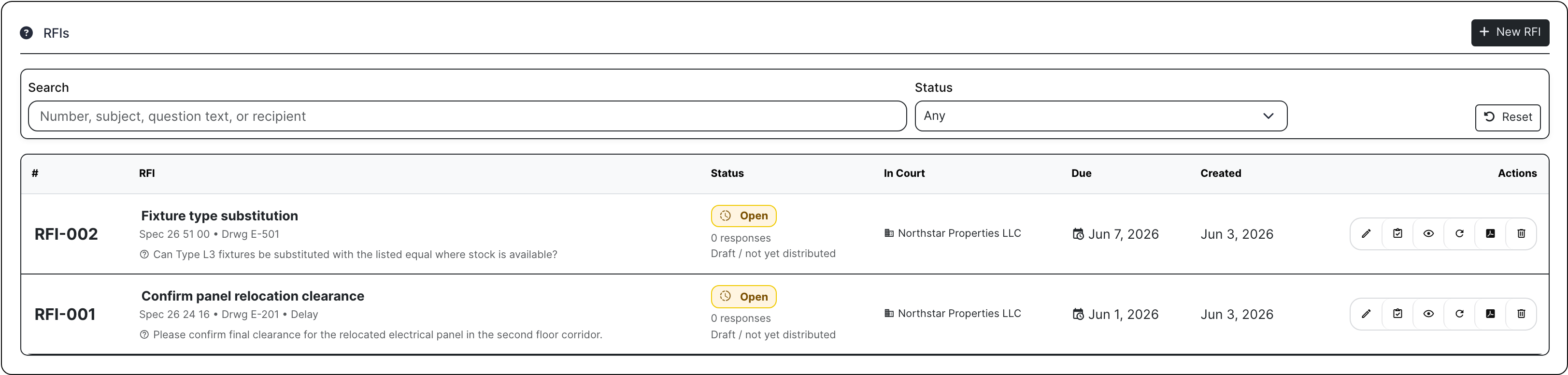 Project RFI log