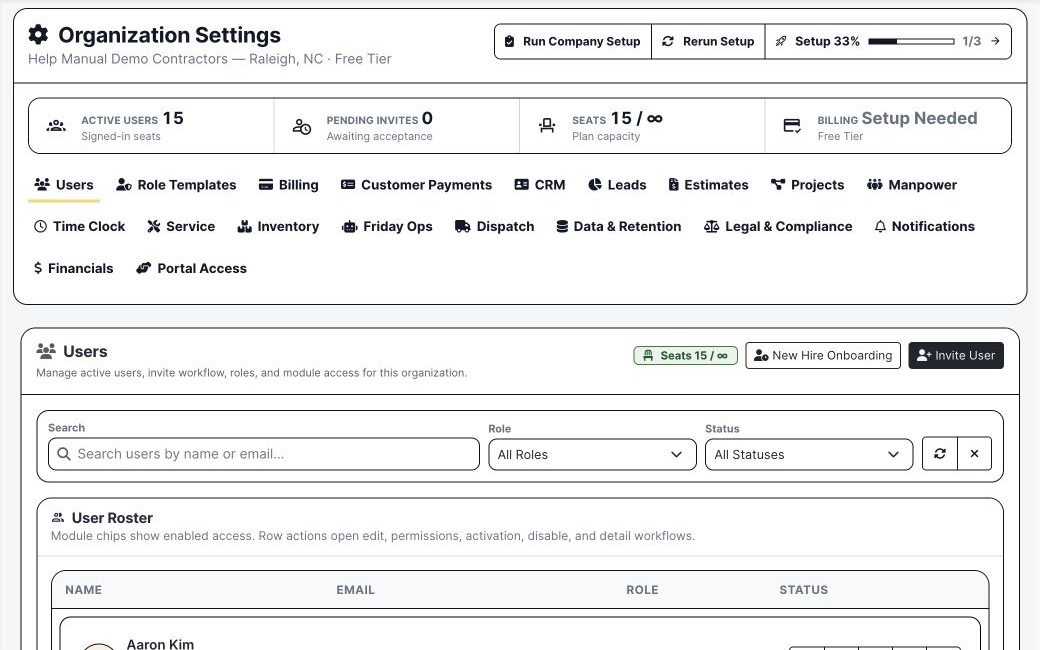 BuildDaily organization settings with users and module configuration