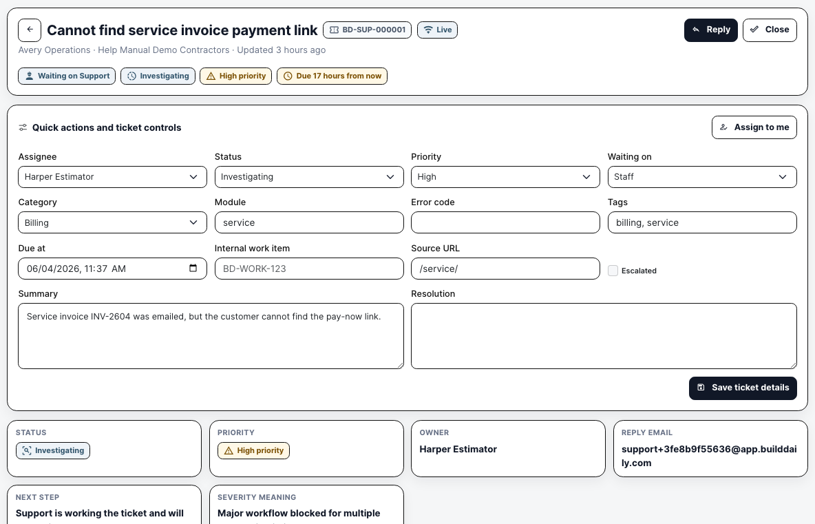 Support ticket controls