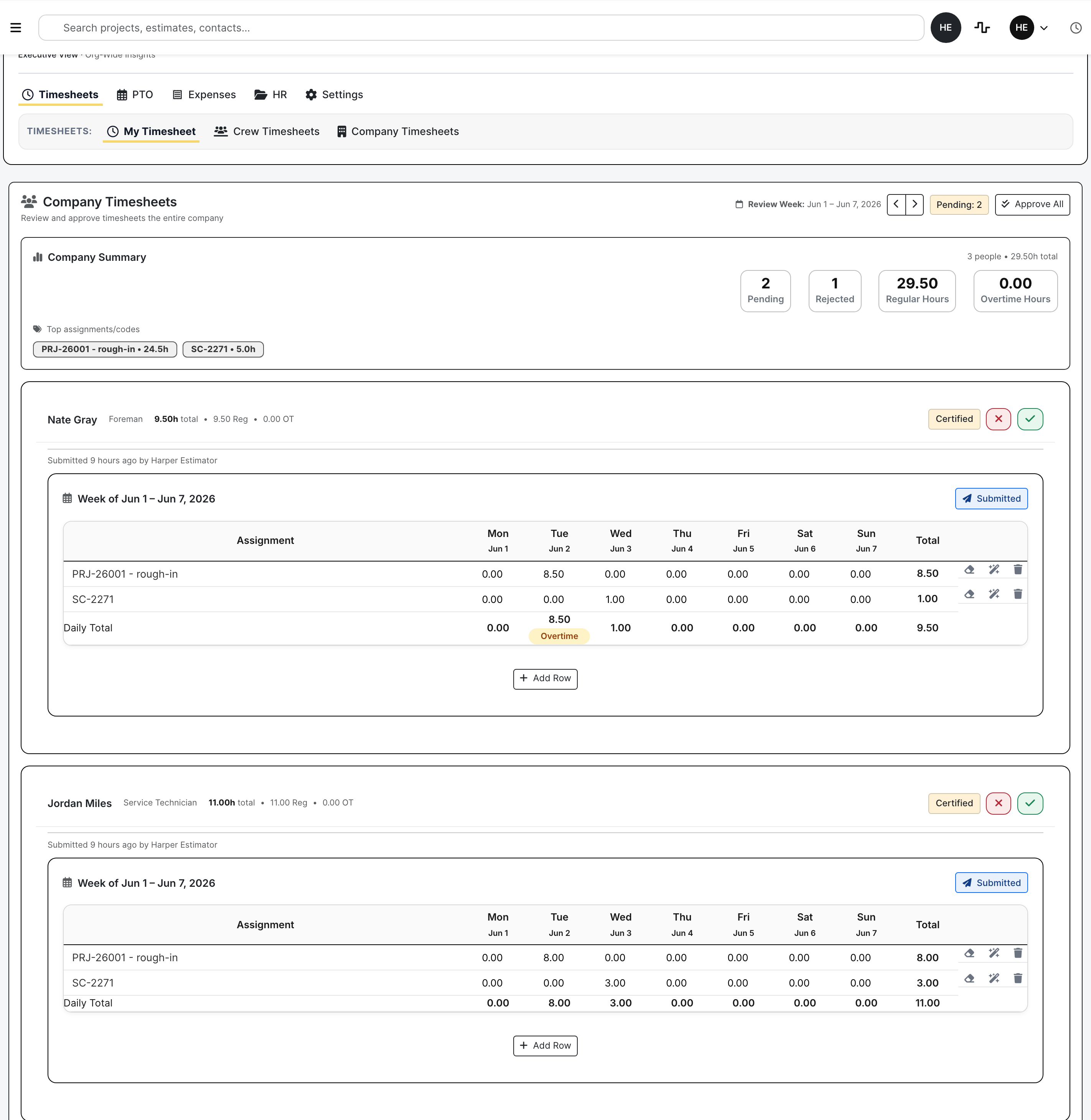 BuildDaily company timesheet review