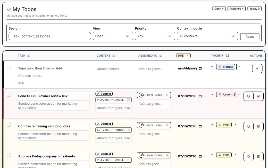 BuildDaily task queue with contractor context