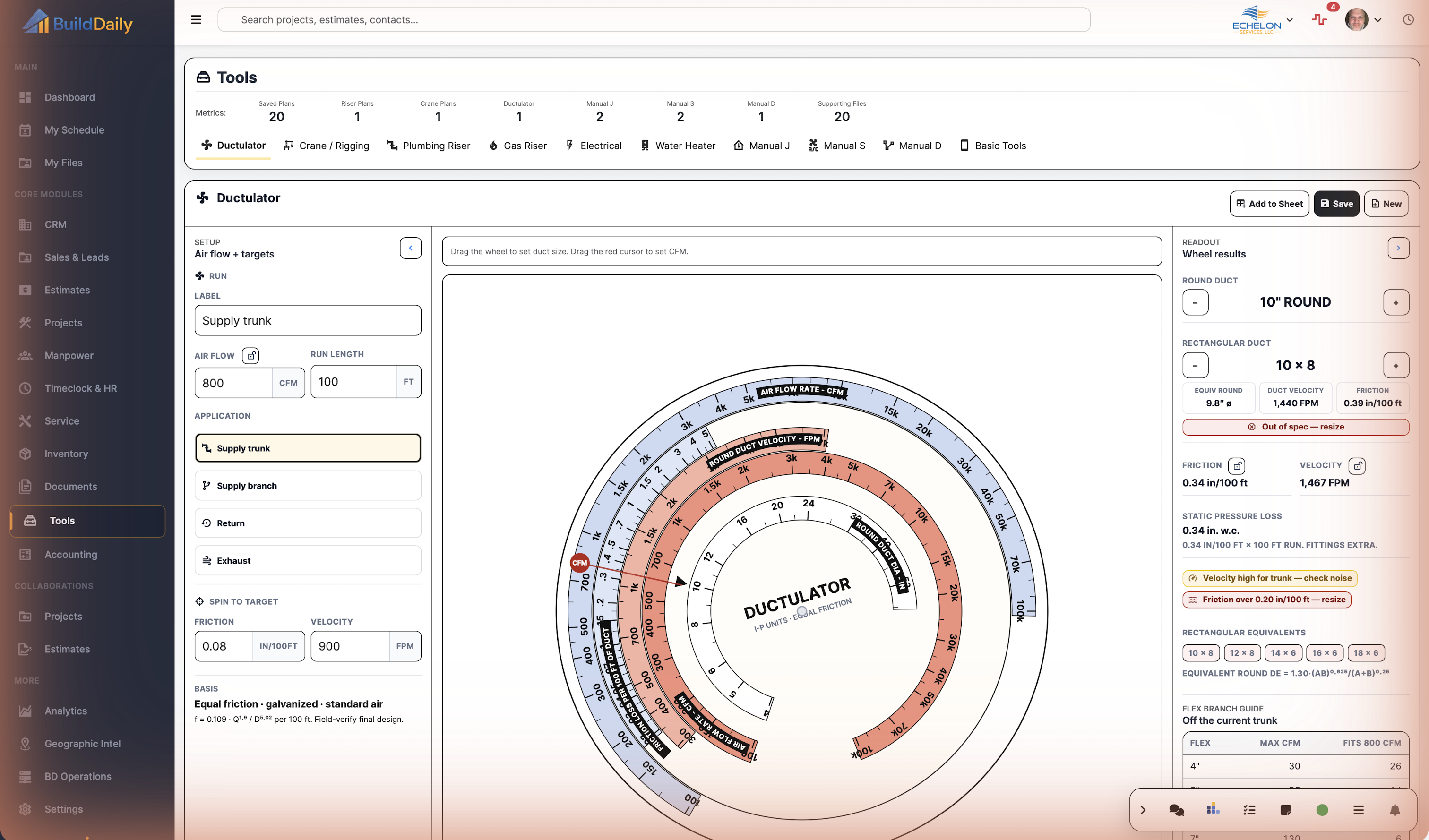 Ductulator sizing readout